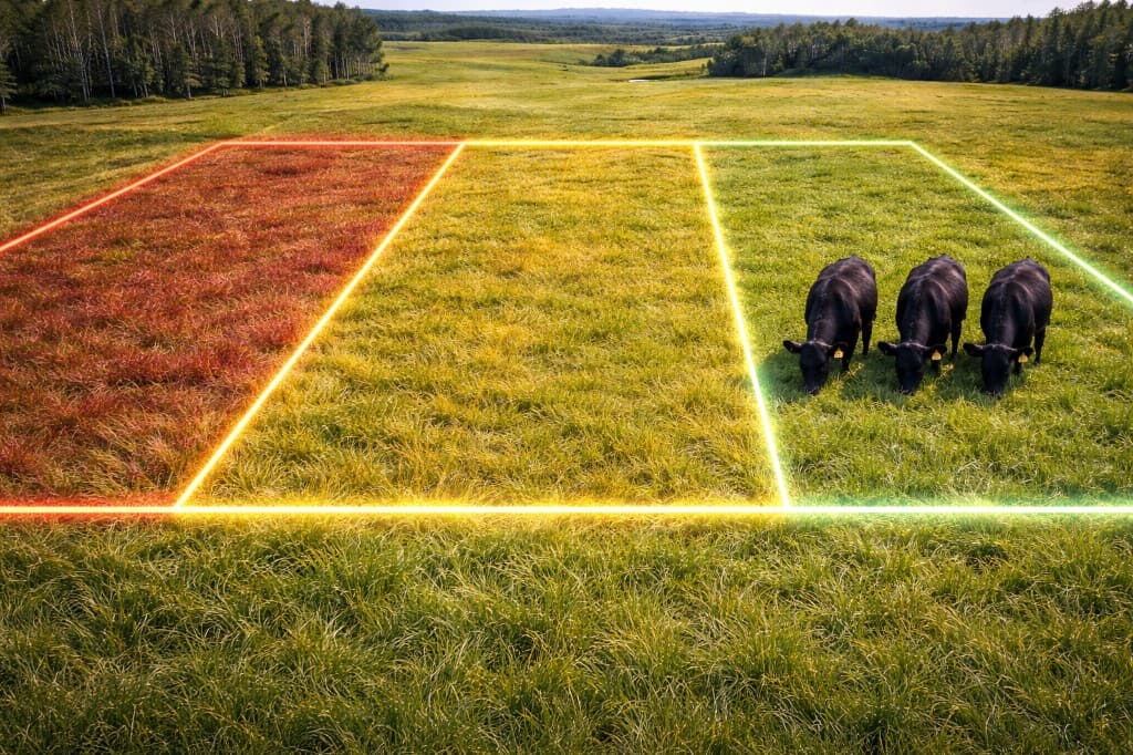 Aerial view of pasture with digital grazing boundaries showing red, yellow, and green zones