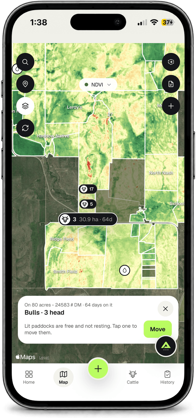 Grazing map in the Agrivanna app: paddocks shaded by vegetation index, with a herd's days on pasture and a Move button