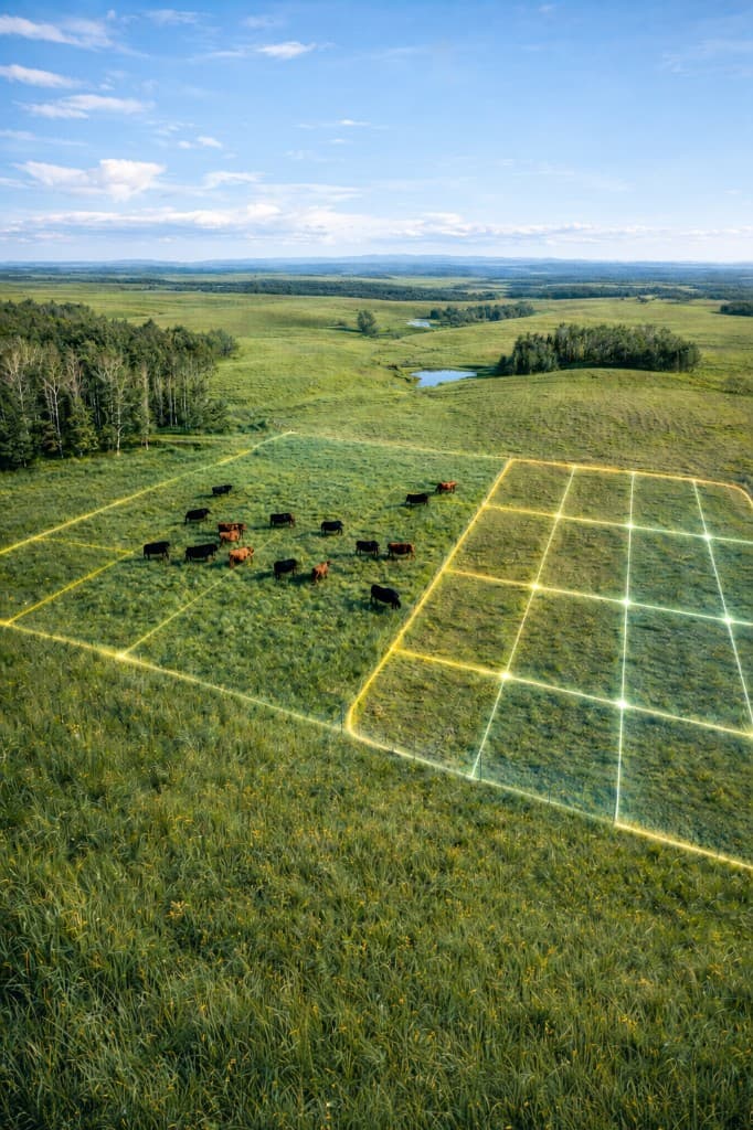 Aerial view of pasture with digital grazing boundaries and rotational planning grid