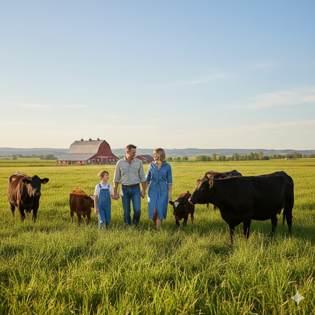Family walking with cattle in a pastoral farm landscape